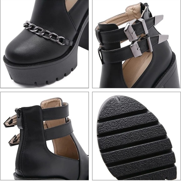 GDGYDH Black High Heel Platform Boots for Women with Chain & Chunky Heels - Picture 10 of 11